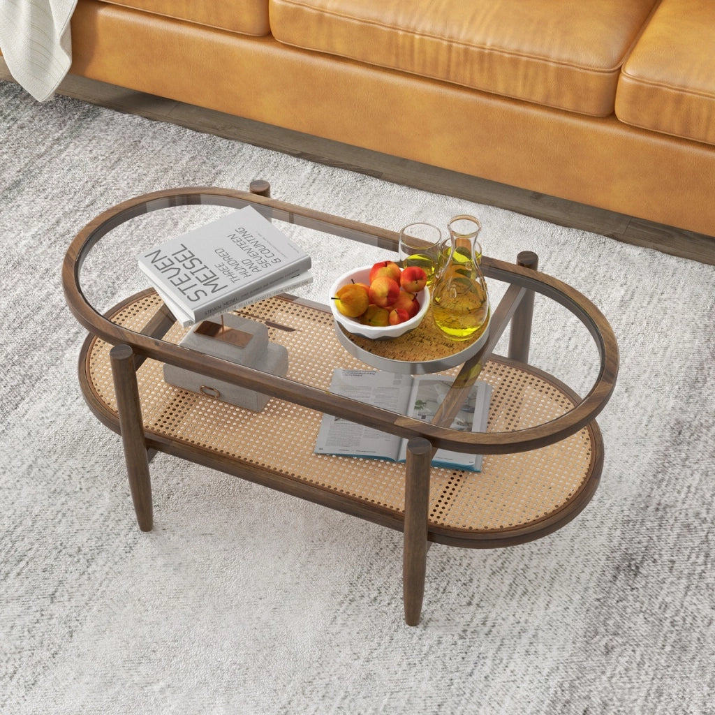 Tavolino da caff¨¨ a 2 piani cornice in legno d'acacia, Tavolo da salotto in rattan PE con piano in vetro Marrone-Tavolini da salotto