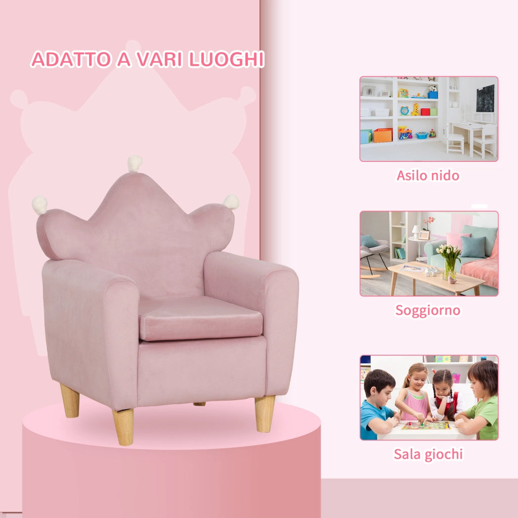 Poltrona per Bambini in Velluto Rosa con Schienale a Corona ¨C Minimal ¨C 50.2x41.9x57.8 cm