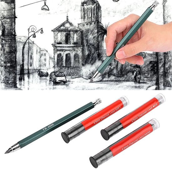 Pentagrafite per disegno con punta 4,0 mm - Strumento a punta con punteruolo - Core morbido/grande/duro - Grafite morbido - Manico confortevole - Ottima finitura - Pennello per disegno