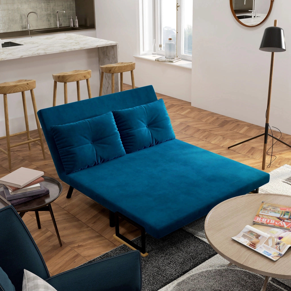Divano letto 2 posti in velluto ¨C Xylo ¨C con 2 cuscini, beige e blu