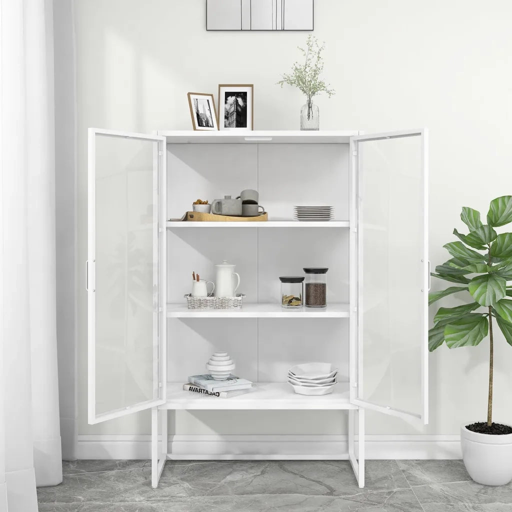 Credenza Alta Bianca 80x35x135 cm Acciaio e Vetro Temperato