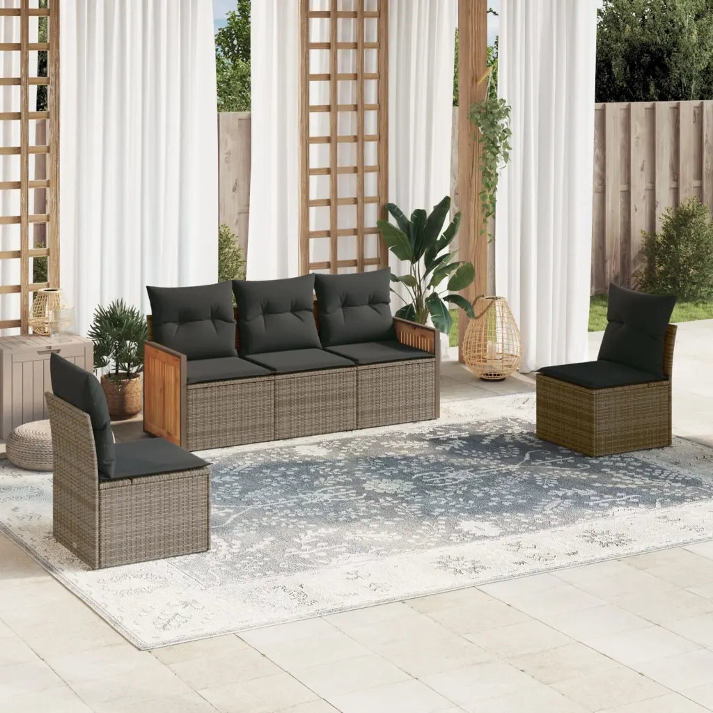 Set Divano da Giardino 5 pz | Set Salotto da Giardino con Cuscini Grigio in Polyrattan