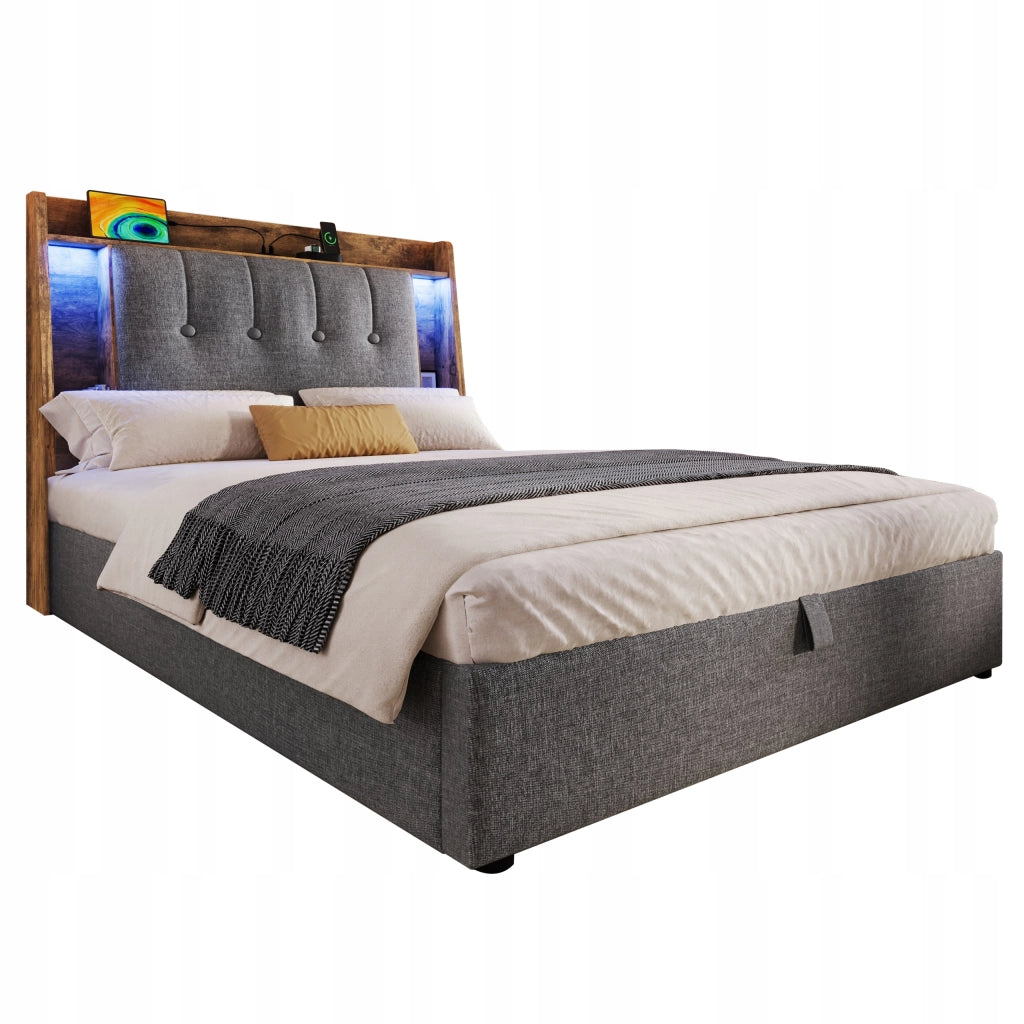 Letto imbottito singolo - Xylo - 90x200 - Grigio - Stelaio sollevabile USB-C