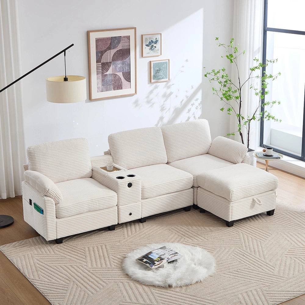 Divano grande in velluto - Xylo - Con console centrale USB-C e pouf