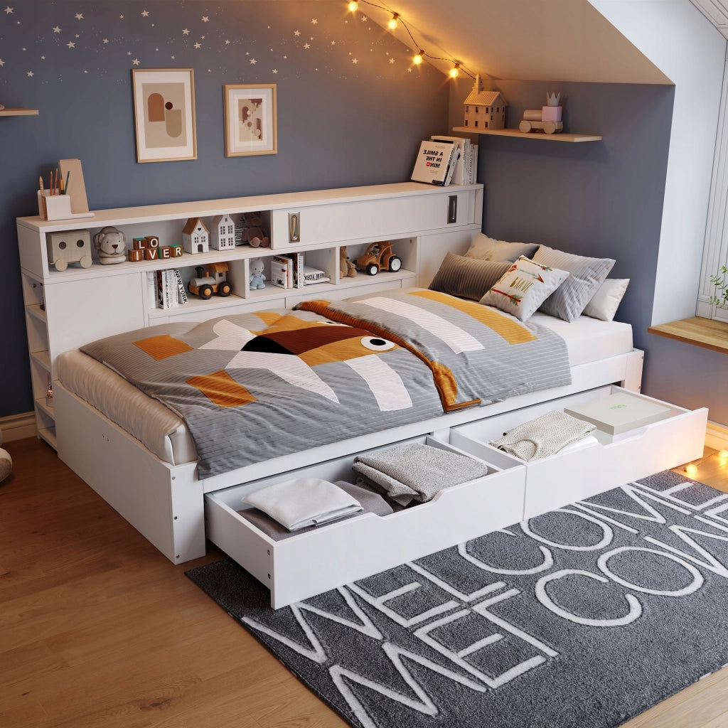 Letto singolo per bambini - Xylo - 90x190 - Bianco - Con cassetti e armadietto