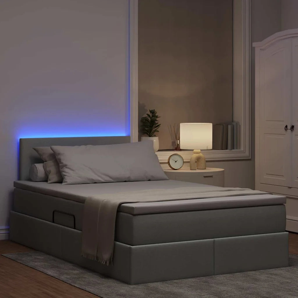 Letto con contenitore e LED Grigio chiaro 120 x 200 cm Tessuto