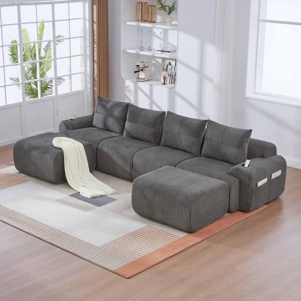 Divano modulare 4 posti con portabicchiere e tasca laterale; in corduroy grigio scuro