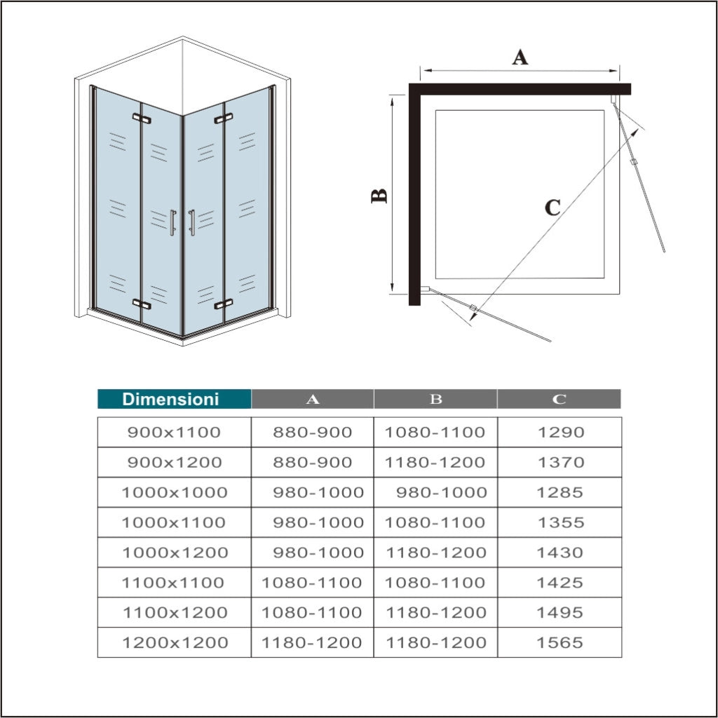 185 cm Box Doccia Angolare 110x120 cm Doppia Porta Battente Pieghevole Vetro Temperato Trasparente 6 mm Anticalcare Telaio Dorato Spazzolato