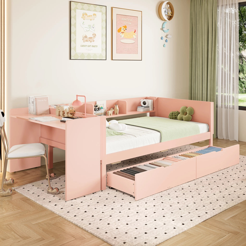 Letto Singolo con Scrivania e Cassetti ¨C MINIMAL ¨C Pino, Rosa, 90x200