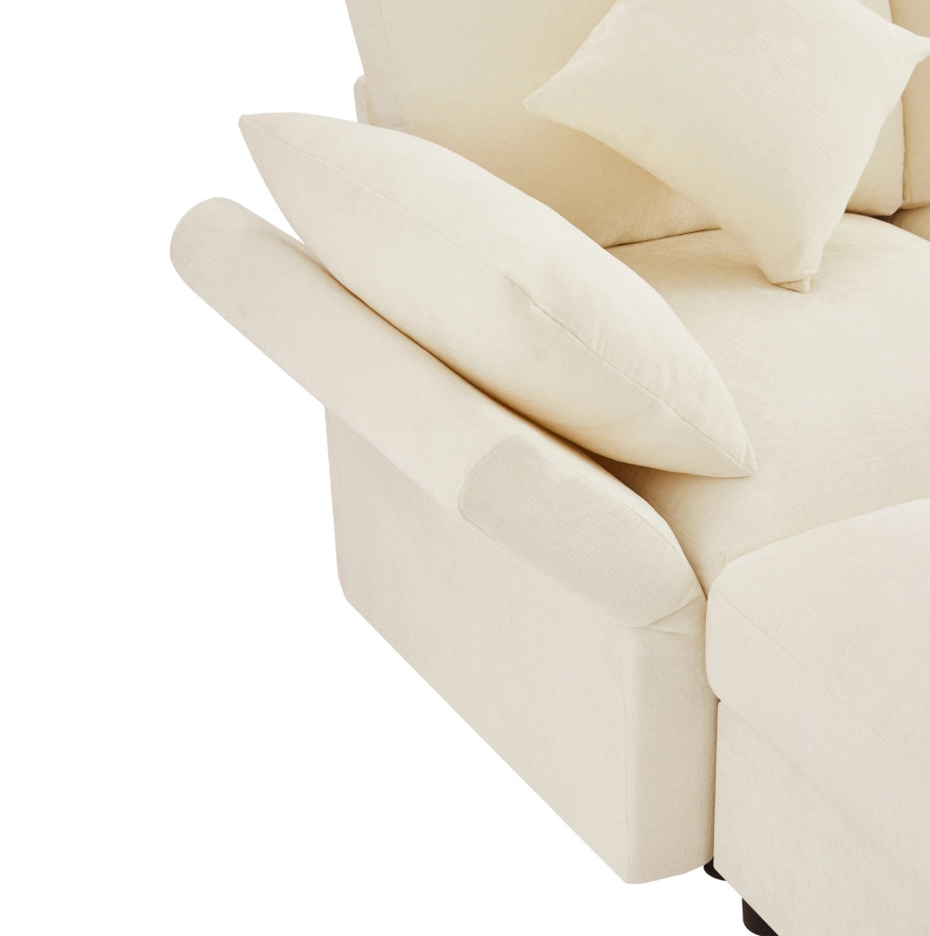 Divano modulare angolare in chenille beige con 2 pouf; braccioli regolabili e 6 cuscini; 284x156;5x86 cm