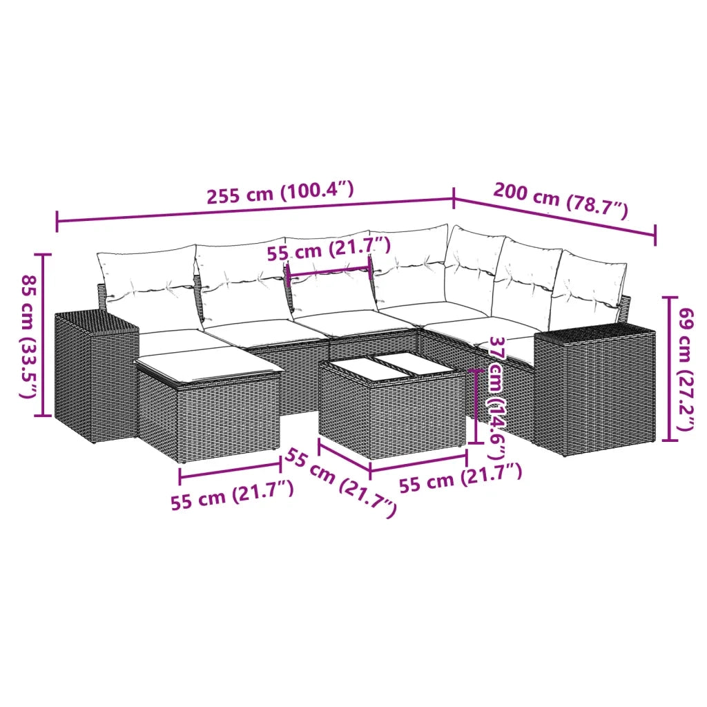 Set Divani da Giardino con Cuscini 8 pz Nero in Polyrattan 3255242