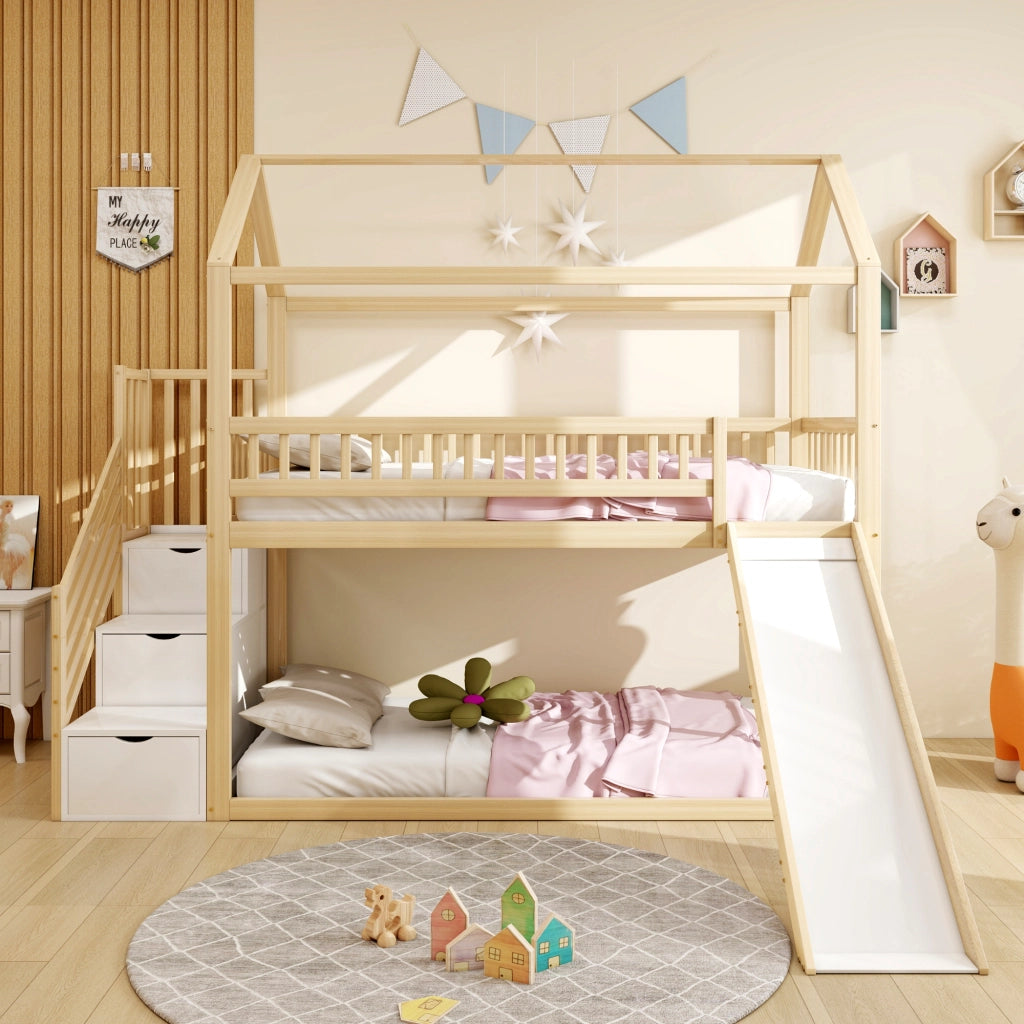 LETTO a soppalco per bambini con scivolo e scala contenitore 90x200 cm legno