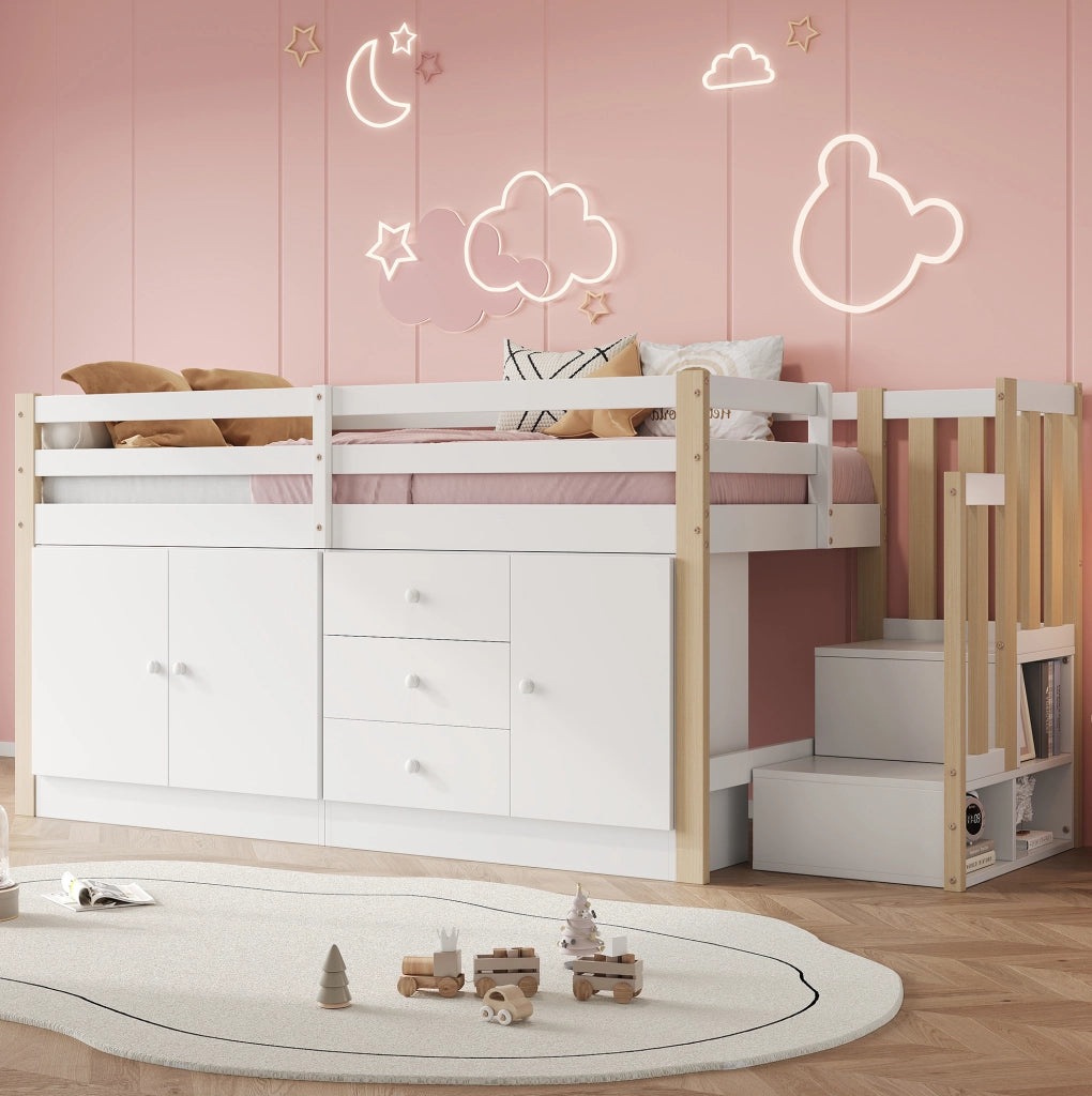 Letto a soppalco per bambini 90x200 cm bianco in MDF con scale; cassetti e armadi