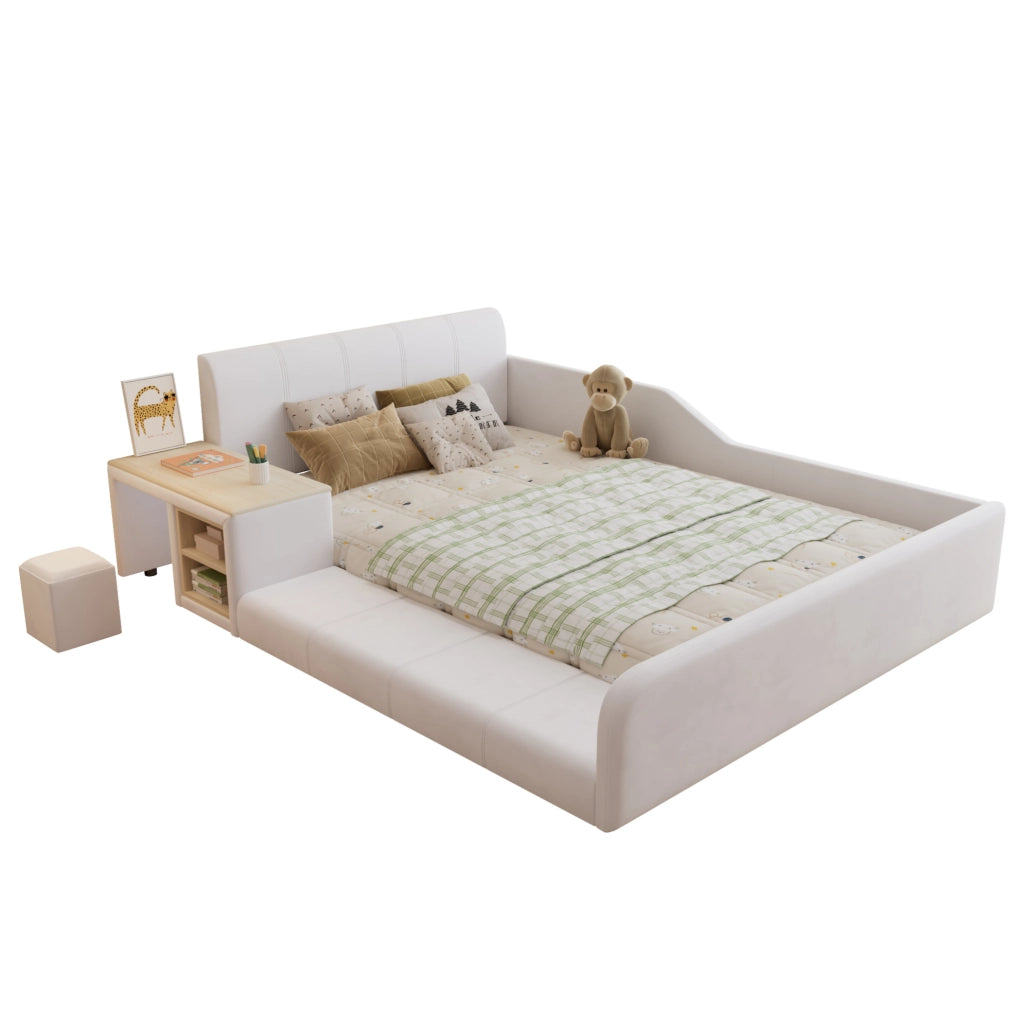 Letto imbottito per bambini con scrivania, sgabello e ripiano 140x200 cm bianco