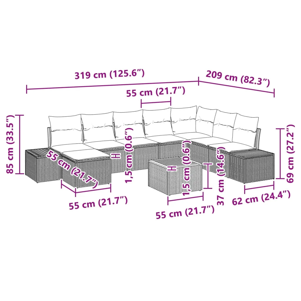 Set Divano da Giardino 9 pz Nero polyrattan 3347998