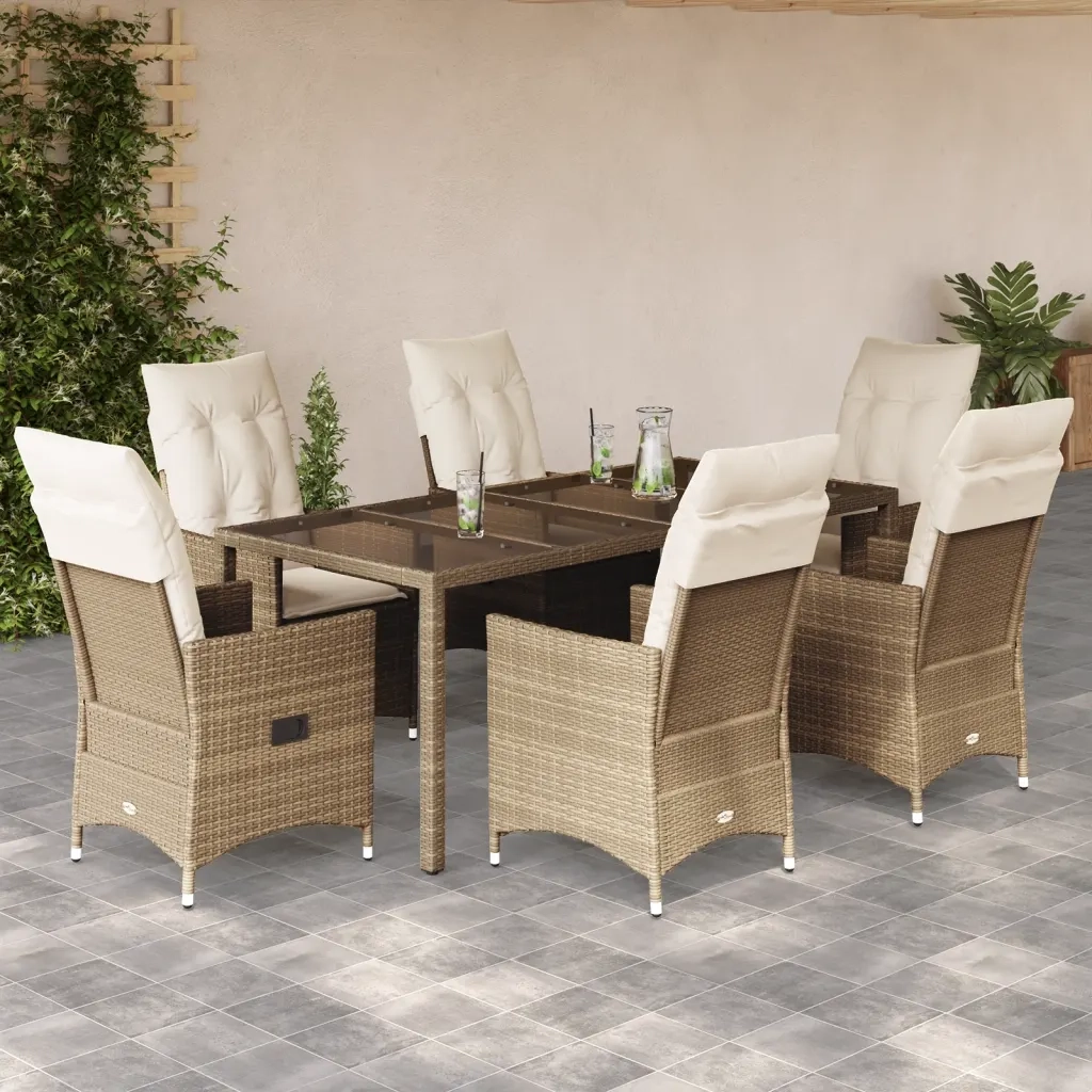 Set da Pranzo da Giardino 7 pz con Cuscini Beige in Polyrattan