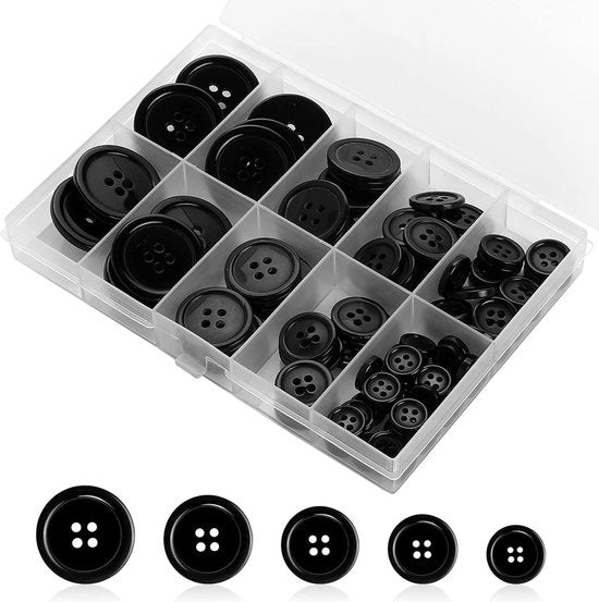 Naaiknoppi - 100 pezzi - Knoppi rotondi neri - Hars - 4-gauche - Naaiknoppi per hobby - 5 misure - Naaiknoppi misti - Adatti per cucire giacca camicia - Decorazione DIY Knoppi