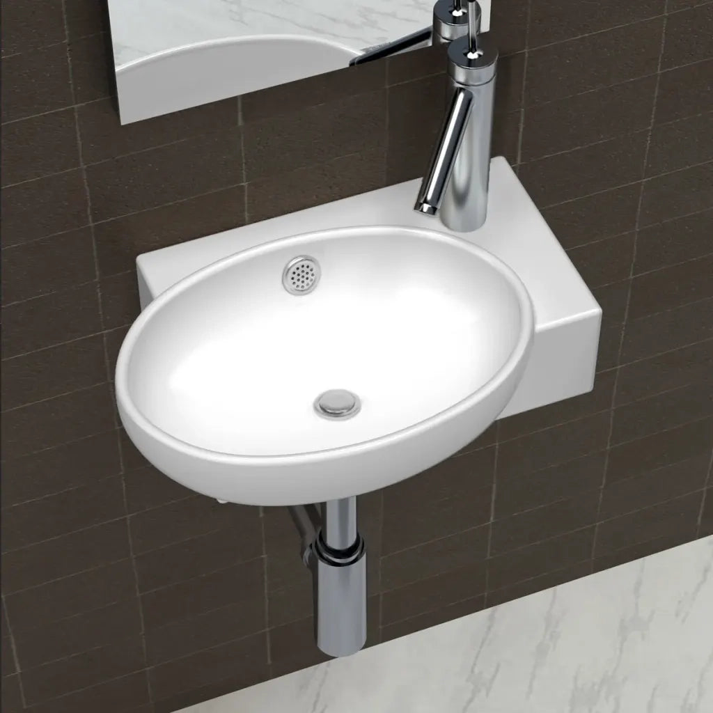 Lavello Ceramica con Foro Rubinetto e Troppo Pieno Bianco 140698