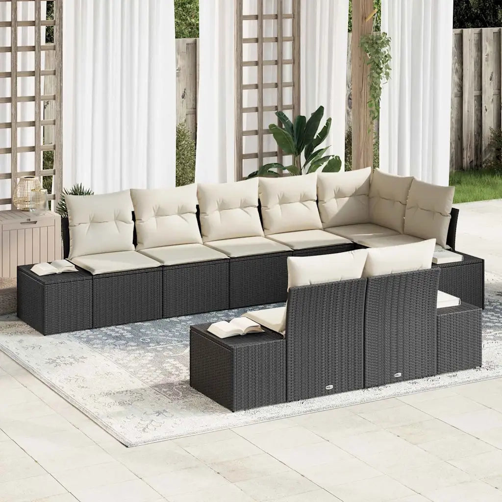 Set Divano da Giardino 8 pcs Nero e Crema polyrattan