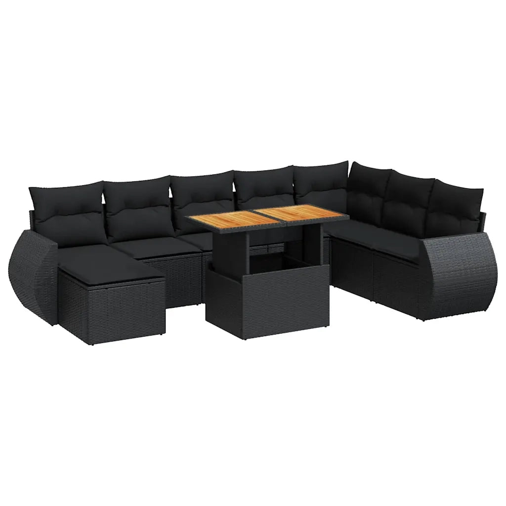 Set Divani da Giardino 9 pz con Cuscini Nero in Polyrattan 3327296