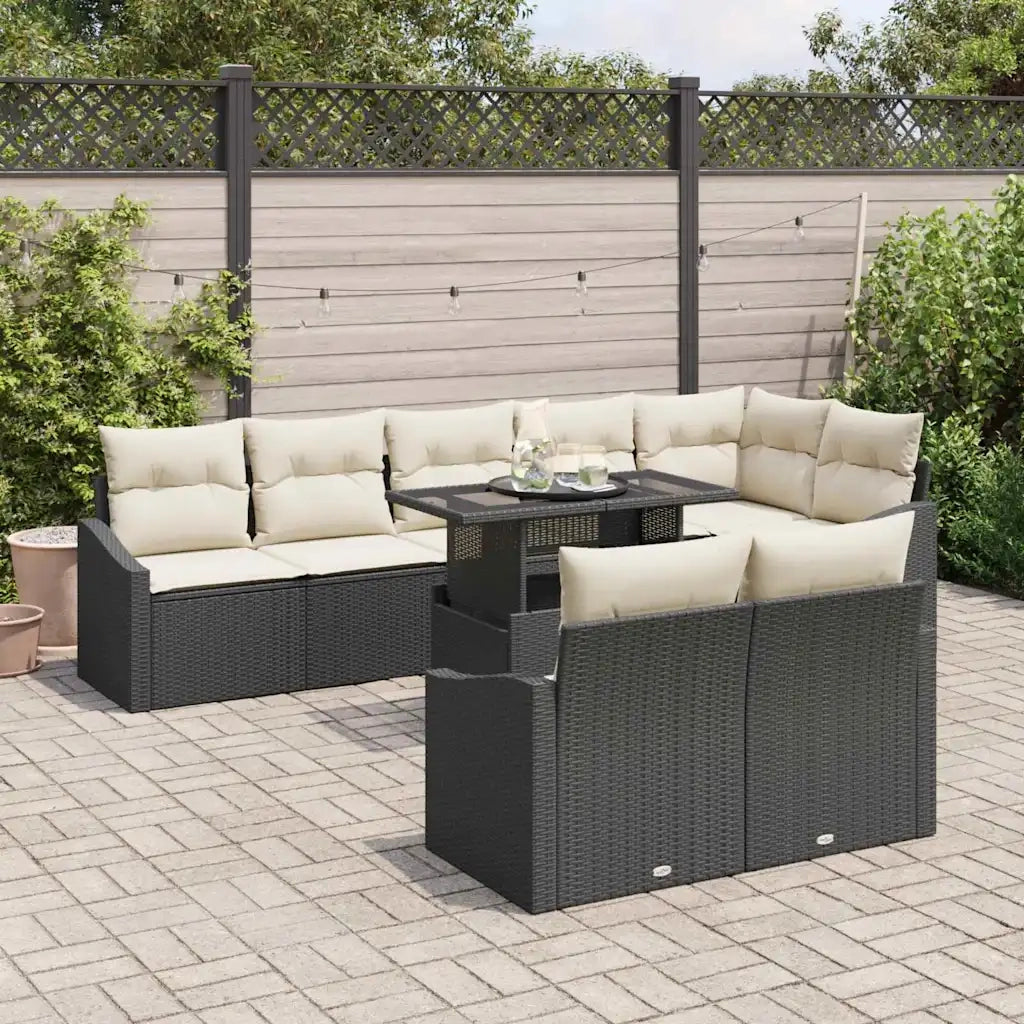 Set Divano da Giardino con cuscino 9 pcs Nero e crema