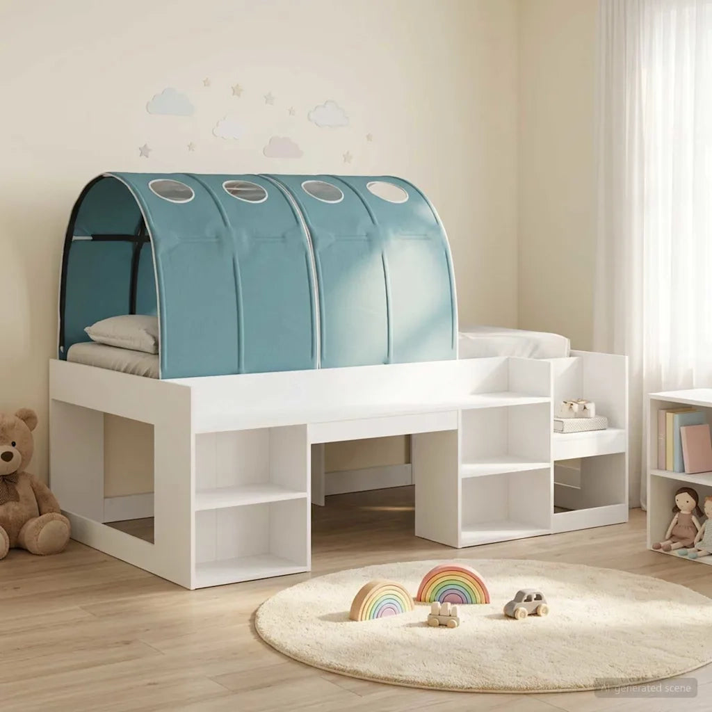 Letto con Tunnel 3 pcs Bianco e azzurro Legno ingegnerizzato