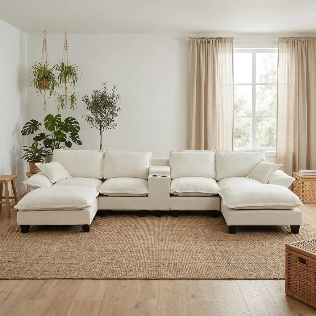 Divano Angolare Modulare con Ottomane ¨C MINIMAL ¨C Chenille Beige, Portabicchieri, USB, Contenitore