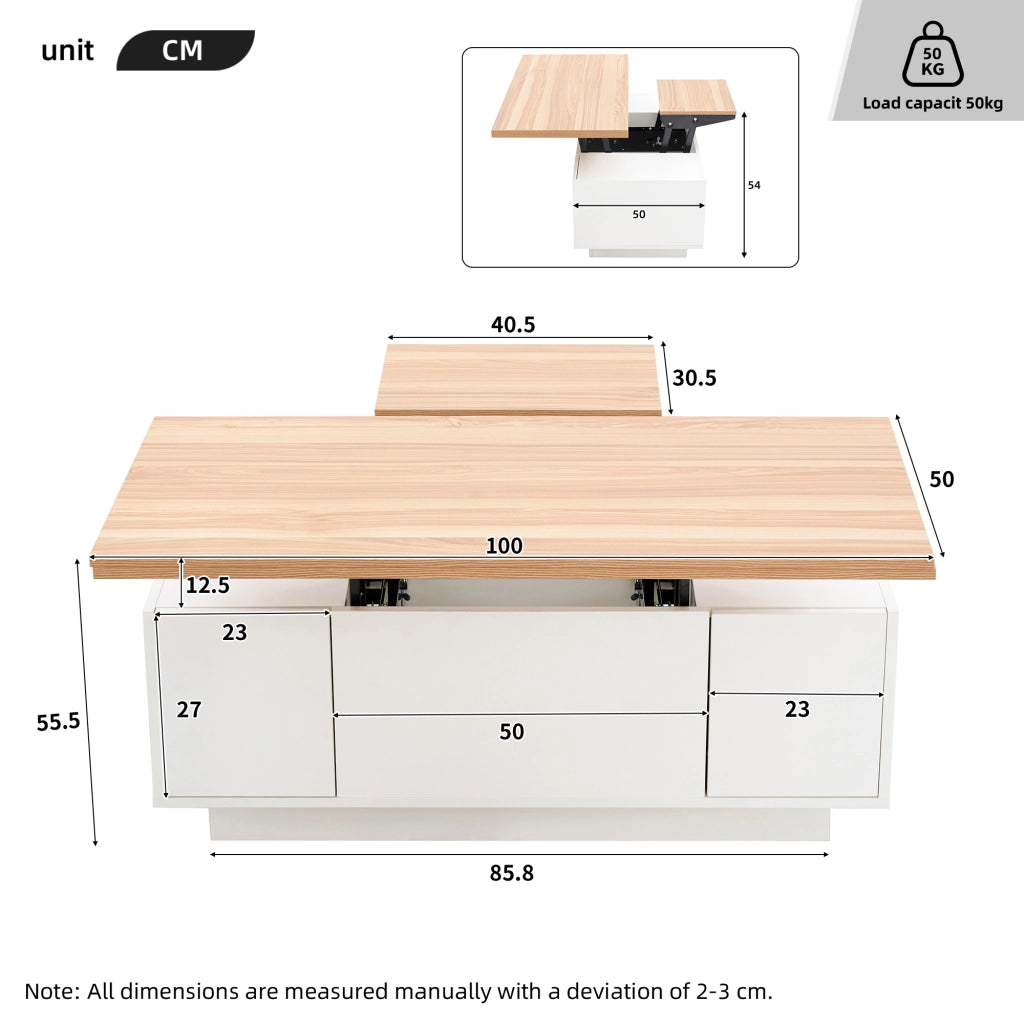 TAVOLO DA CAFFÈ Sollevabile 100x50x55,5 cm Bianco e Legno con 2 ante