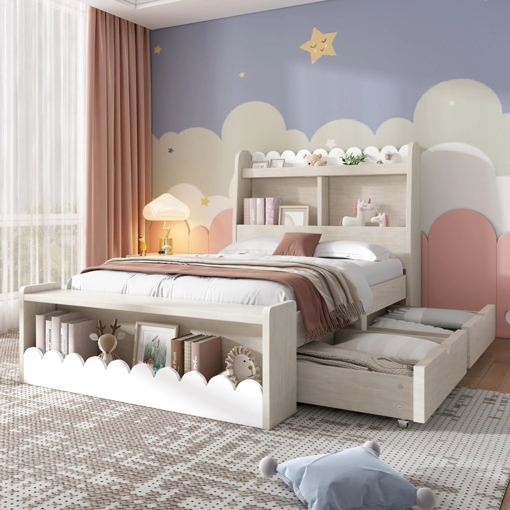 LETTO Singolo con cassetti e ripiani 90x190 cm Bianco e Rovere