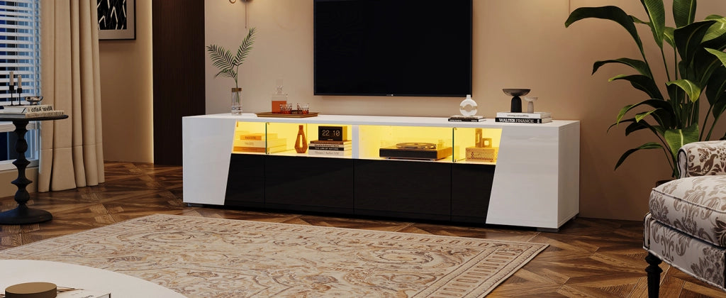 Mobile TV stand bianco e nero in MDF e vetro; lunghezza 180 cm