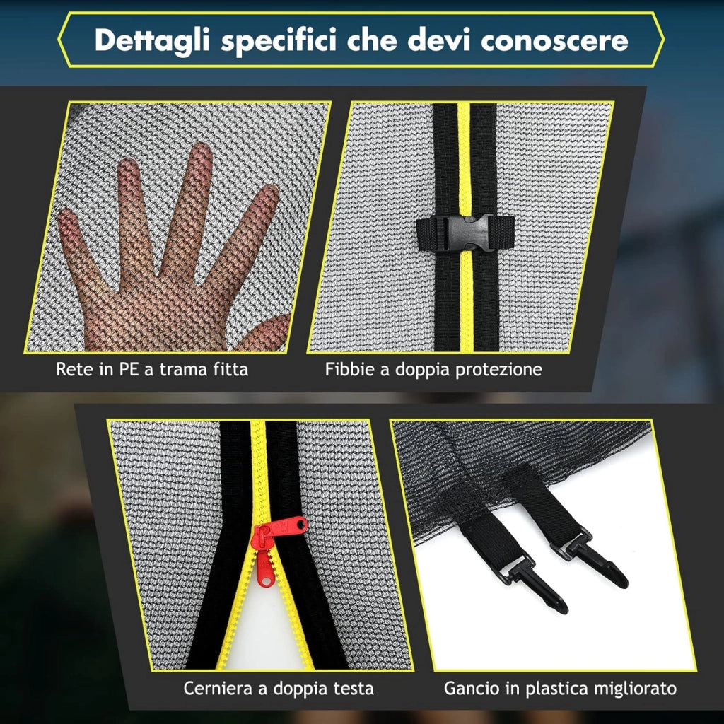 Rete per Trampolino Sostitutiva 244cm/305cm/366cm/427cm/457cm/488cm, Ideale per Struttura Rotonda con 6/8 Paletti con Doppie Cerniere, Fibbie di protezione e Ganci