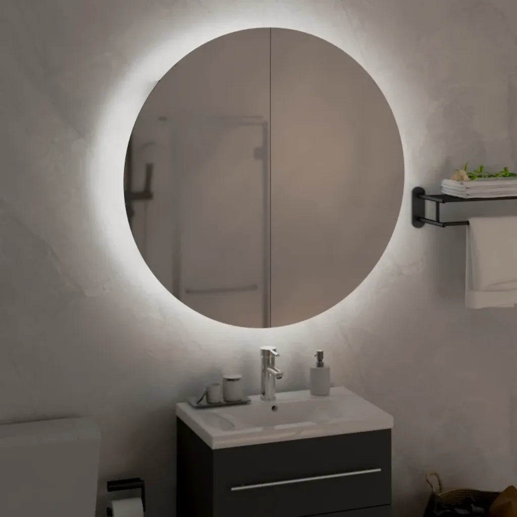 Armadio da Bagno | Mobile da Bagno con Specchio Rotondo e LED Bianco 54x54x17,5cm