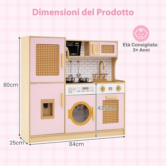 Cucina Giocattolo per Bambini, Cucina Legno per Bambini con Luci, Suoni, Frigorifero, Distributore d'Acqua, Lavatrice, Accessori Ricchi e Ante in Rattan, per 3 Anni+ (Rosa)