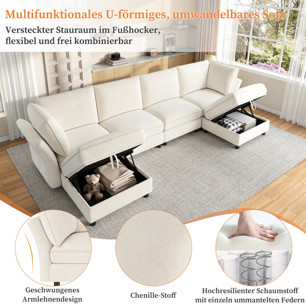 Divano Angolare Modulare 6 Posti con Contenitore e 2 Pouf, Chenille Beige, 289 × 137 × 84 cm