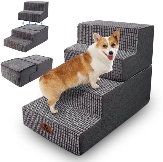 Trappola per cani per grandi cani, 4 gradini alto, trappola per cani per letto e divano, 50cm, lavabile, schiuma di alta densità, per cani feriti anziani (46cm alto, grigio)