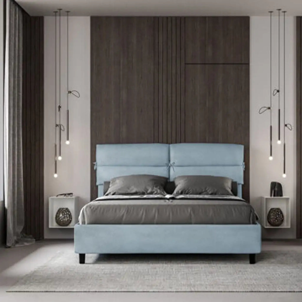 Letto matrimoniale contenitore imbottito 160x200 microfibra azzurro Nandy