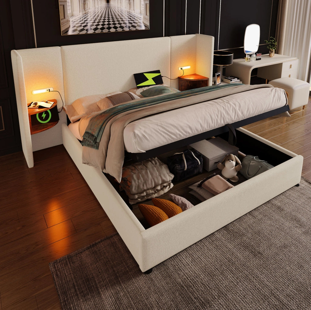 Letto matrimoniale 180x200 cm con testiera multifunzione; luce di lettura; USB e Type-C; beige