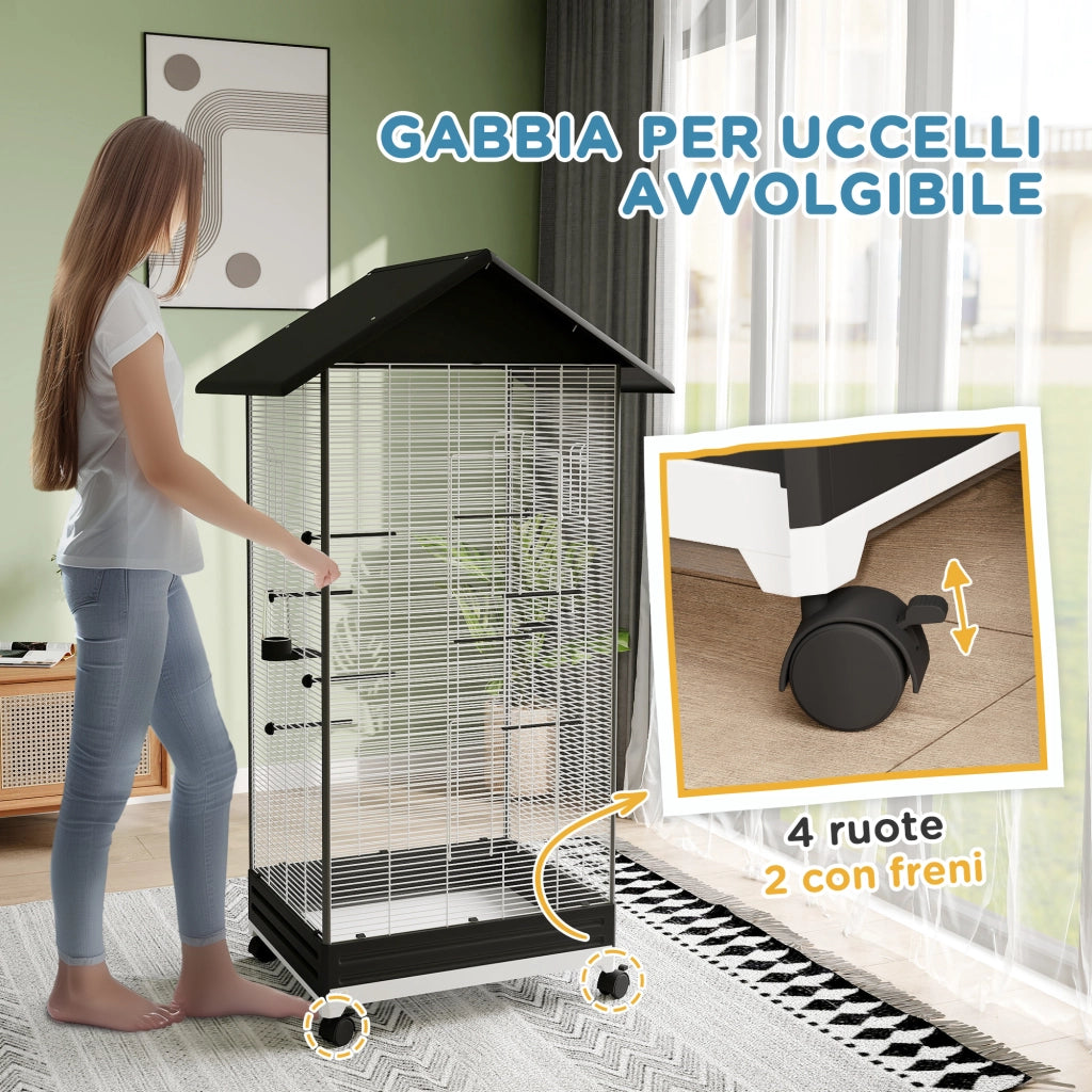 Gabbia per Uccelli Voliera con Ruote e Vassoio Estraibile ¨C Minimal ¨C Nero 155 cm