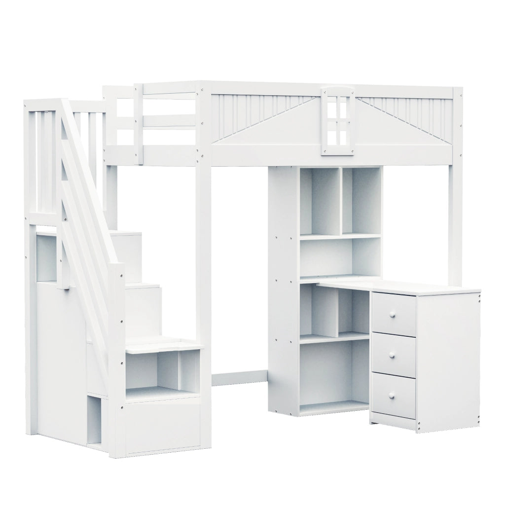 LETTO a soppalco 90x200 cm bianco con scrivania, cassetti e armadi
