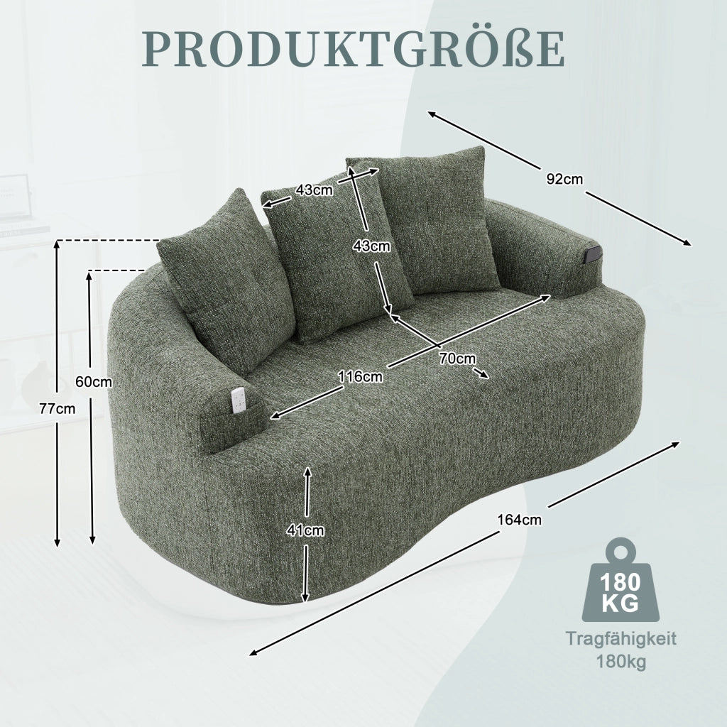 Divano lineare 2 posti con seduta profonda e 3 cuscini in chenille verde 164 × 92 × 60 cm