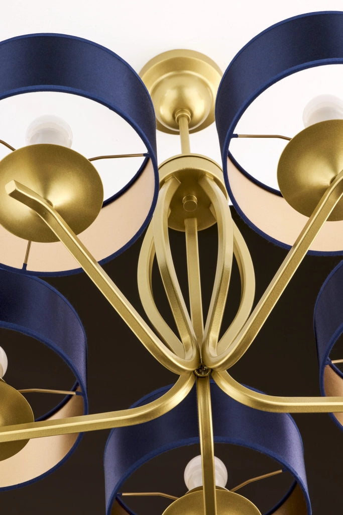 Lampadario classico oro 5 luci paralumi blu E27 Jupiter
