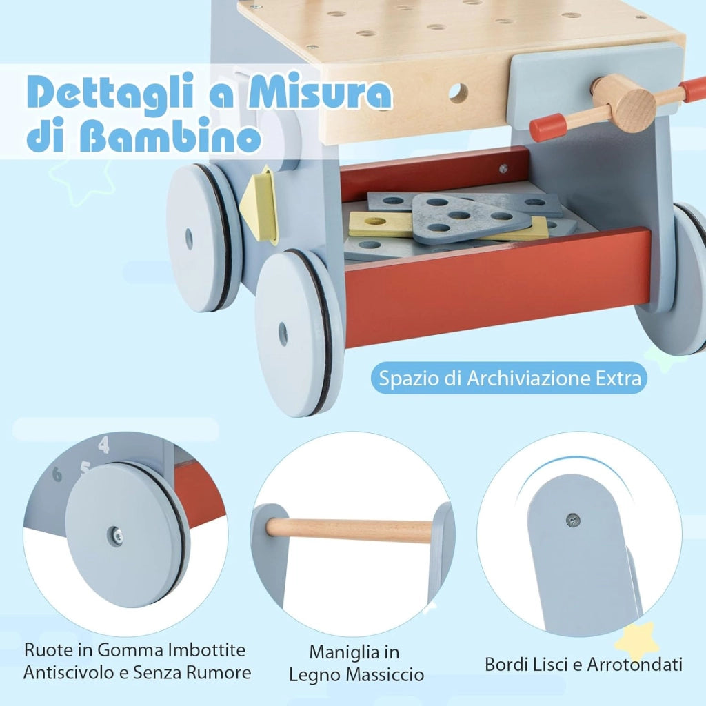 2-in-1 Girello Neonato in Legno, Camminatore con Giocattoli e Attrezzi, Primi Passi per Bambini con Montessori, Carrello Primi Passi con Ruote, con Banco da Lavoro, per Bambini 3+ Mesi