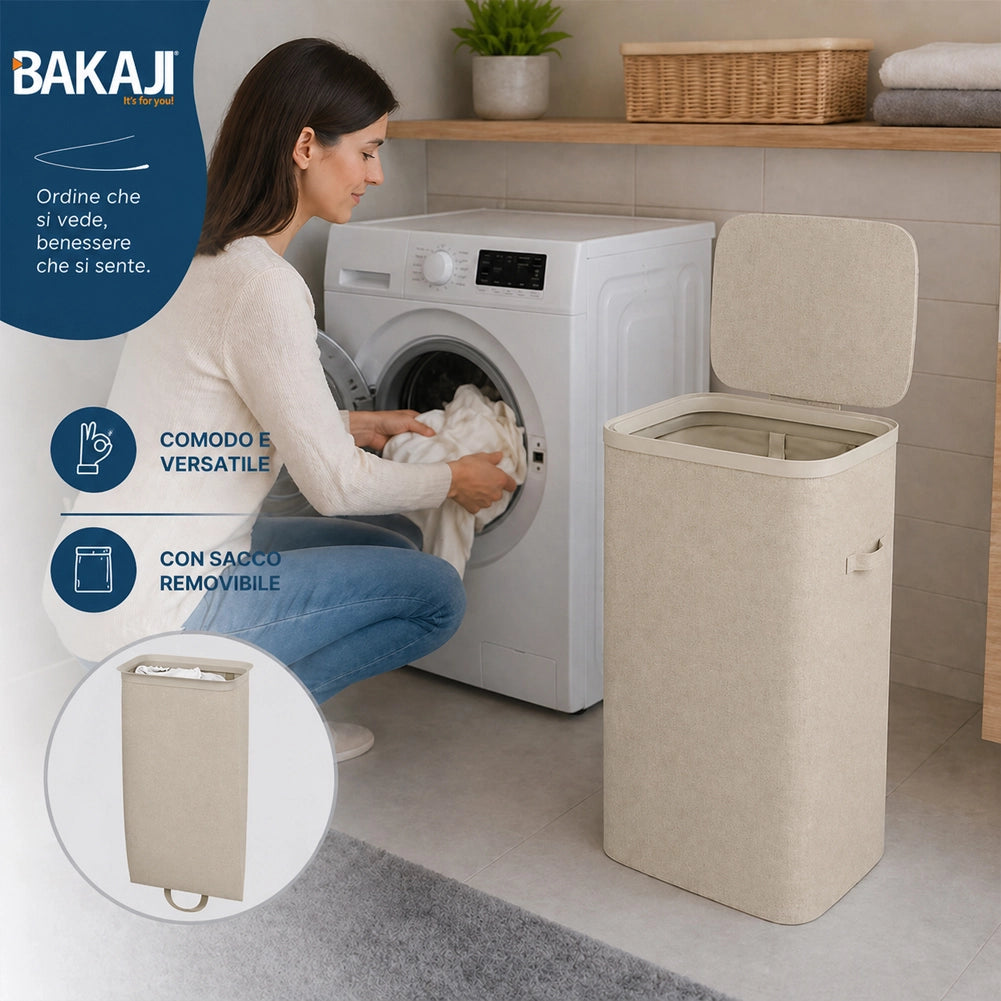 Cesto Biancheria Sporca Beige Portabiancheria 105L Sacco Estraibile 42x32x67cm
