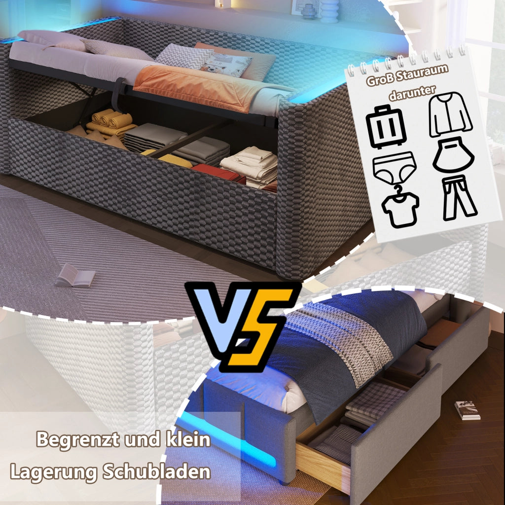 LETTO DAYBED 90x200 cm Velluto Grigio con LED e contenitore idraulico