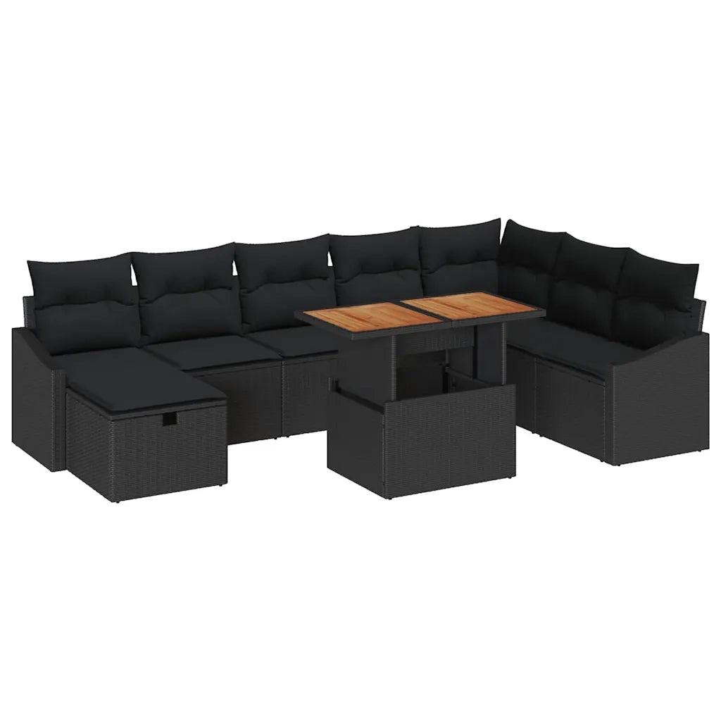 Set Divano da Giardino con cuscino 9 pcs Nero polyrattan