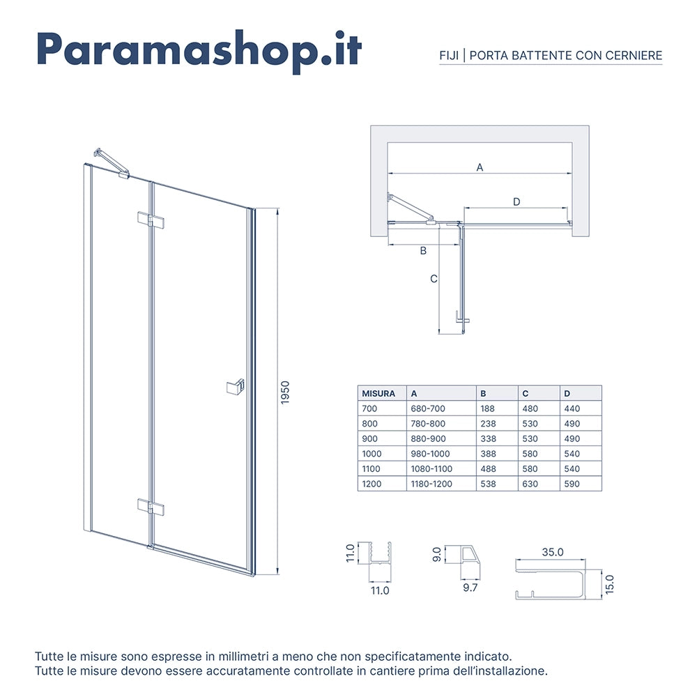 Porta doccia 100cm apertura a battente lato sinistro con cerniere, profili cromati e vetro da 8mm trasparente h195 | Fiji