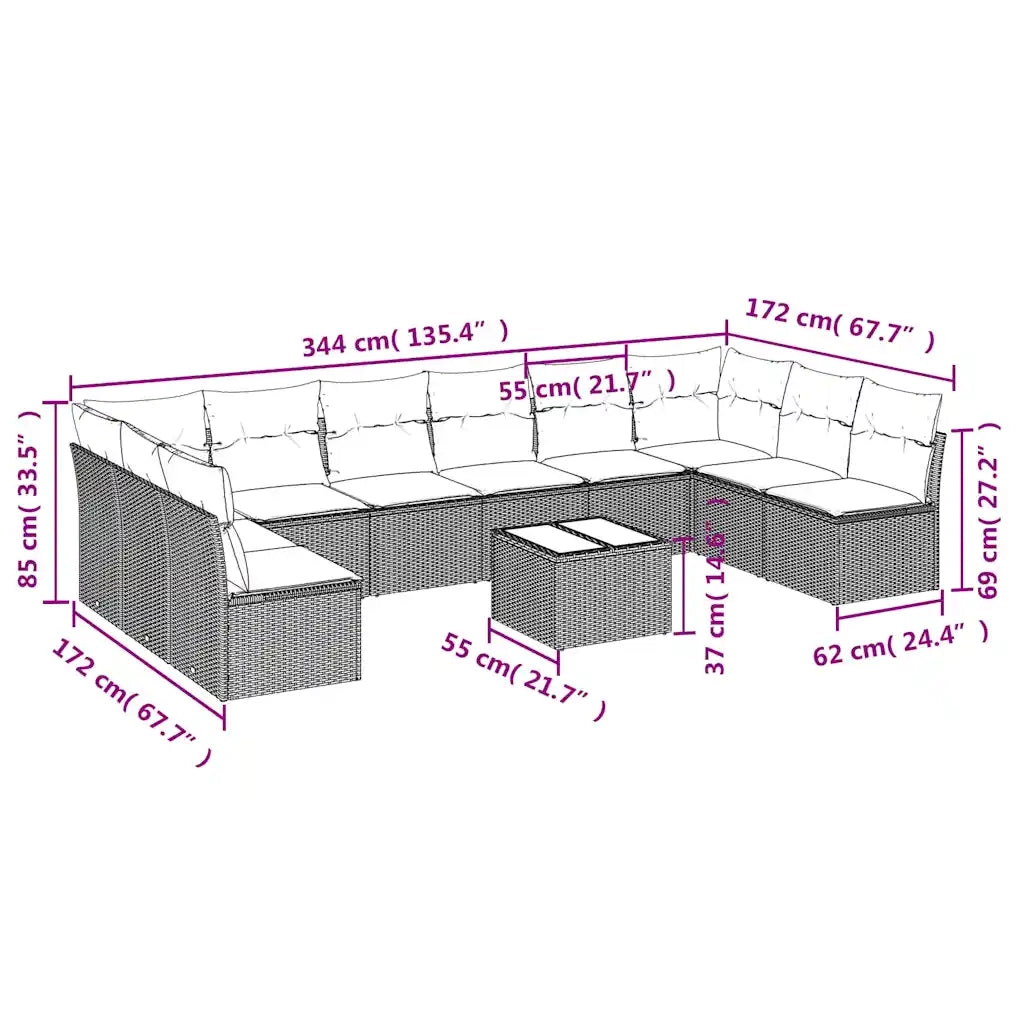 Set Divani da Giardino 11 pz con Cuscini Polyrattan Marrone 3218103