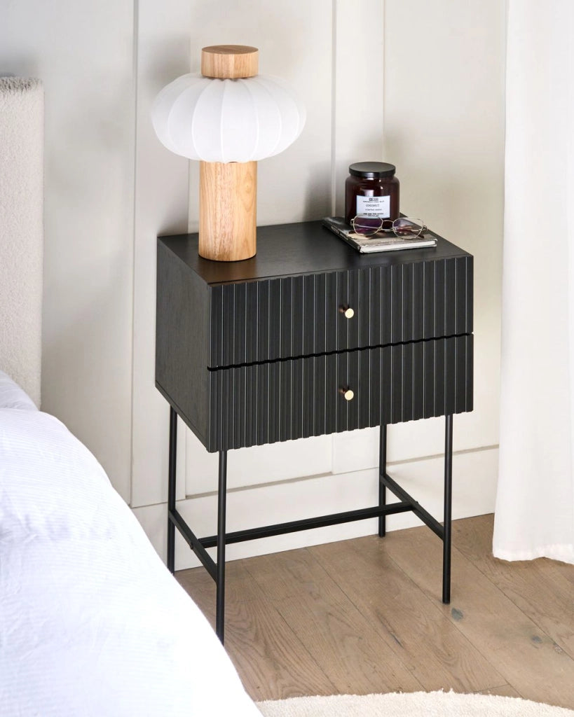 Comodino a 2 cassetti  Comodino moderno in MDF nero e oro con contenitore per camera da letto