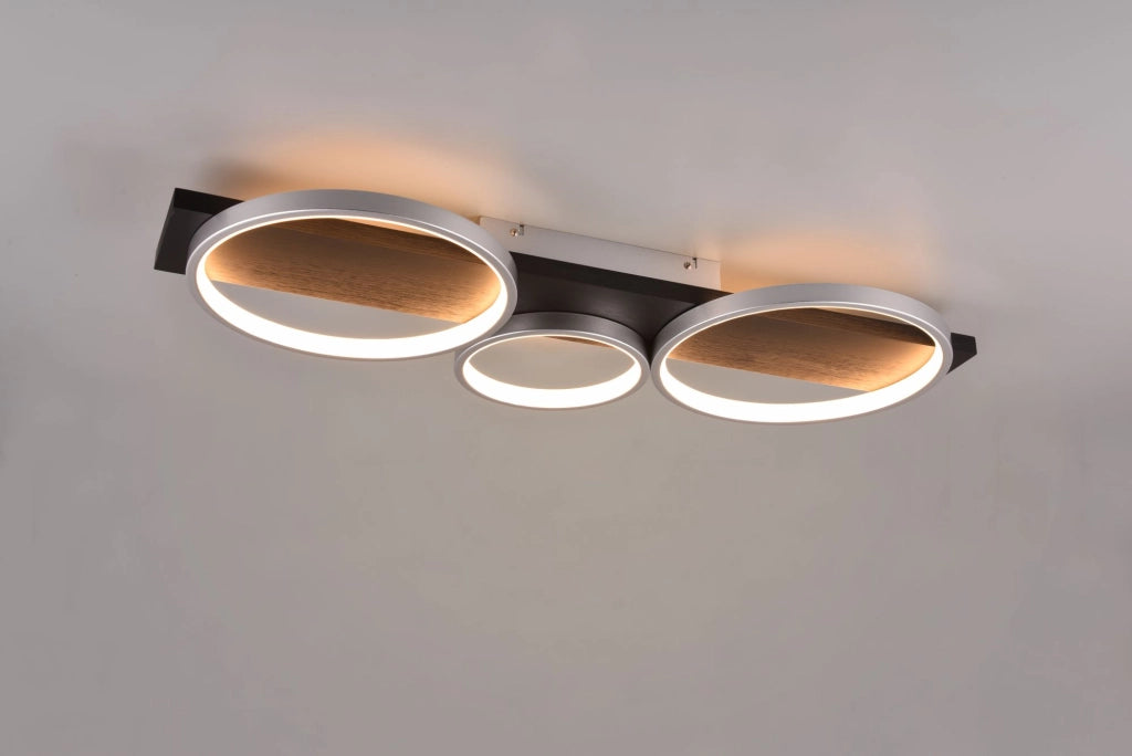 MEDERA PLAFONIERA 3 CERCHI METALLO ALLUMINIO BASE LEGNO NERO CON DIMMERAZIONE AD INTERRUTTORE L. 80CM LED 33W 3800lm, 3000K