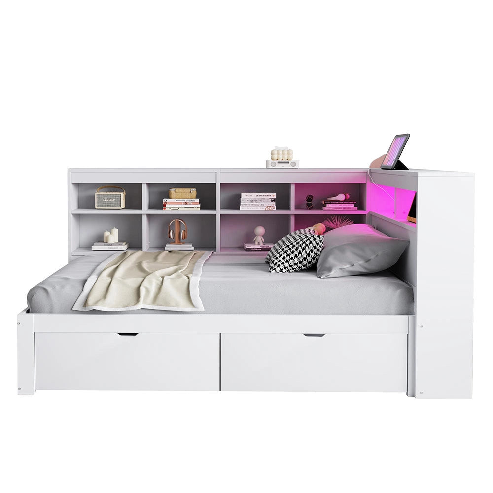 Divano letto massello 90x200cm - Xylo - bianco, porte USB, scomparti